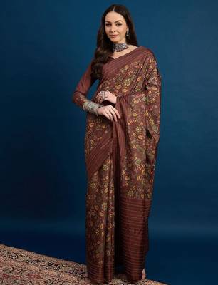 Brown floral printed saree with blouse 2