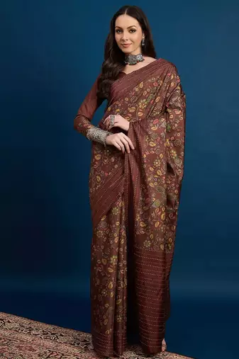 Brown floral printed saree with blouse