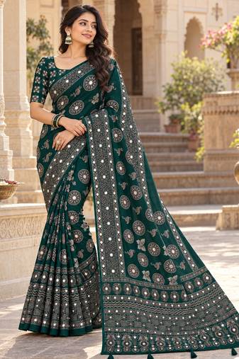 Green color  real mirror birds prints premium satin saree with un-stitched blouse