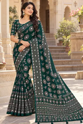 Green color  real mirror birds prints premium satin saree with un-stitched blouse