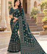 Green color  real mirror birds prints premium satin saree with un-stitched blouse