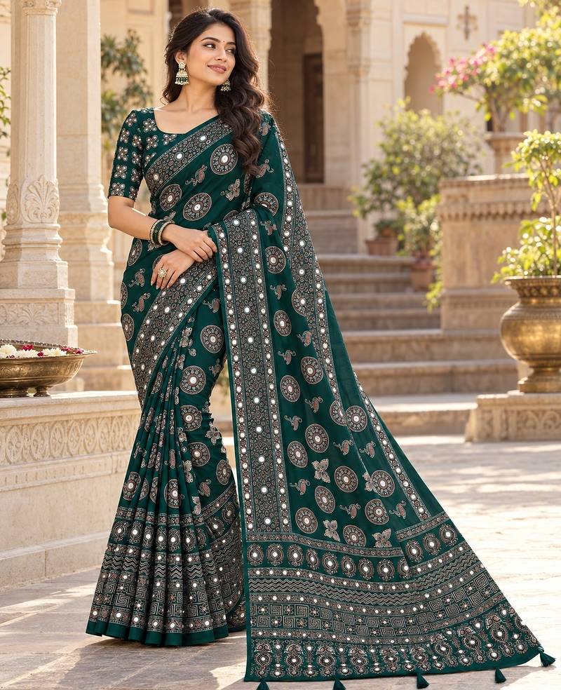 Green color  real mirror birds prints premium satin saree with un-stitched blouse