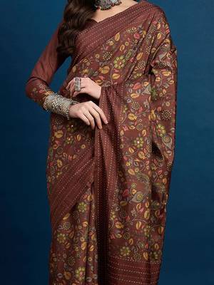 Brown floral printed saree with blouse 3