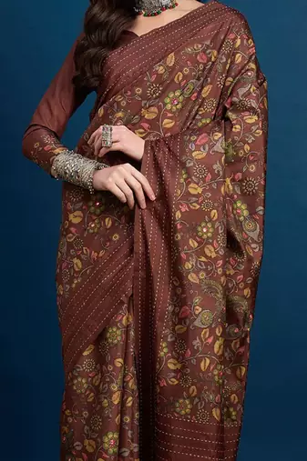Brown floral printed saree with blouse