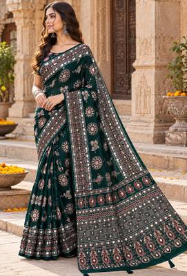 Green color  real mirror birds prints premium satin saree with un-stitched blouse 2