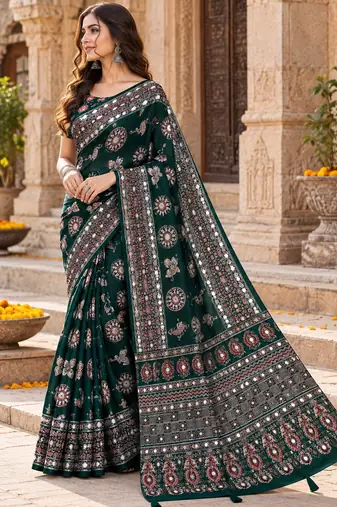 Green color  real mirror birds prints premium satin saree with un-stitched blouse