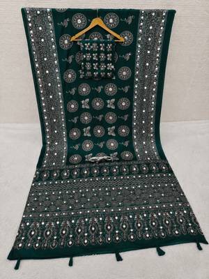 Green color  real mirror birds prints premium satin saree with un-stitched blouse 3