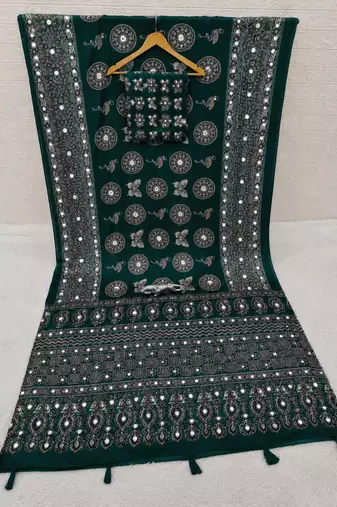 Green color  real mirror birds prints premium satin saree with un-stitched blouse