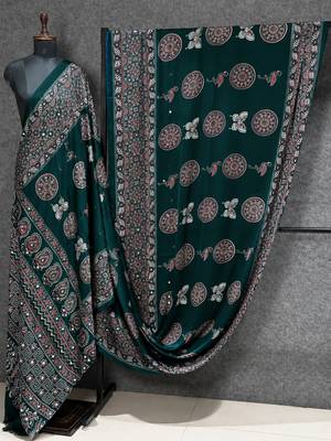 Green color  real mirror birds prints premium satin saree with un-stitched blouse 4