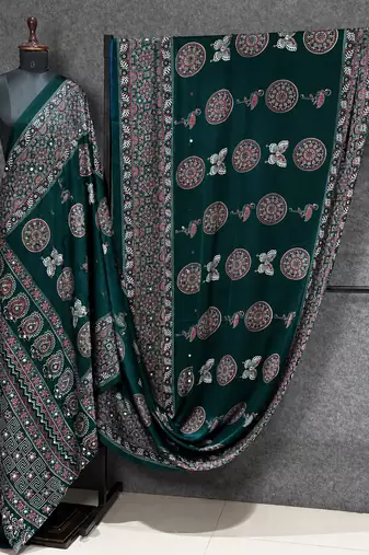 Green color  real mirror birds prints premium satin saree with un-stitched blouse