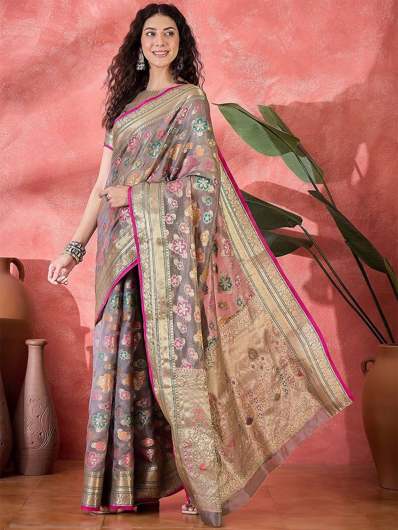 Grey floral woven design zari saree
