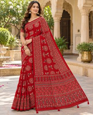 Red color  real mirror birds prints premium satin saree with un-stitched blouse 1