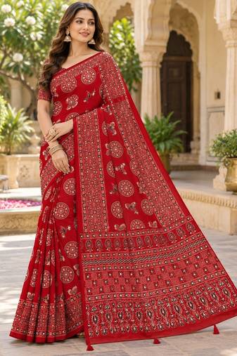 Red color  real mirror birds prints premium satin saree with un-stitched blouse