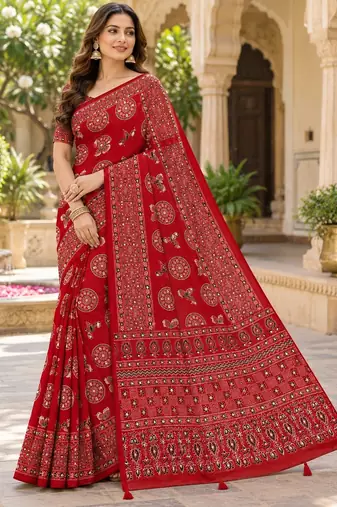Red color  real mirror birds prints premium satin saree with un-stitched blouse