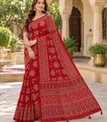 Red color  real mirror birds prints premium satin saree with un-stitched blouse