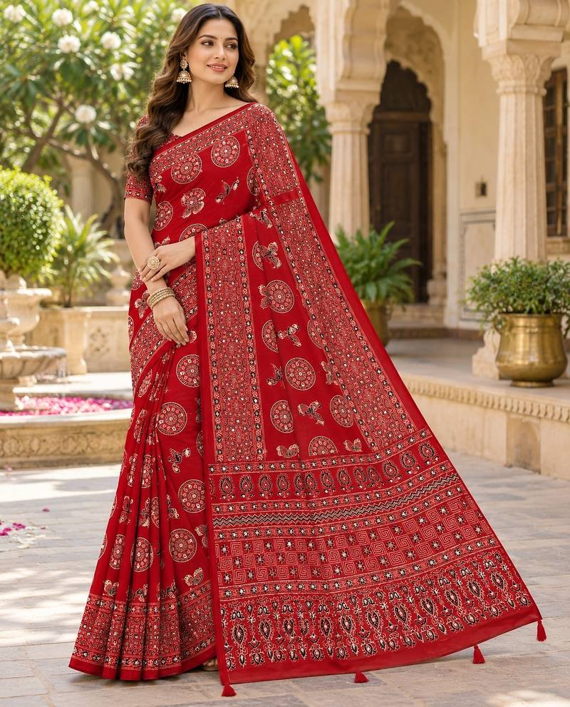 Red color  real mirror birds prints premium satin saree with un-stitched blouse