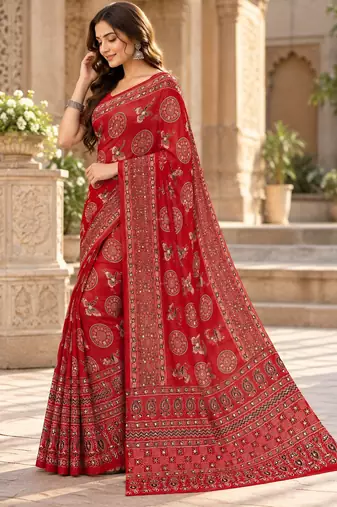 Red color  real mirror birds prints premium satin saree with un-stitched blouse