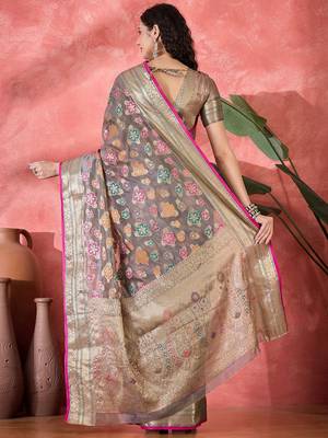 Grey floral woven design zari saree 2
