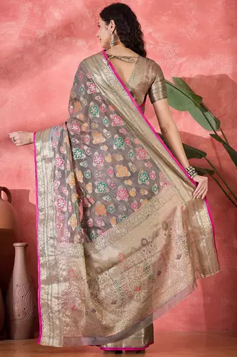 Grey floral woven design zari saree