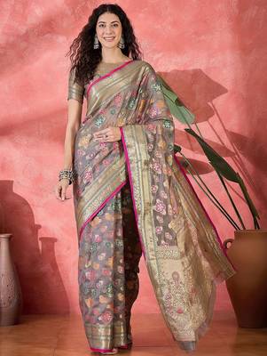 Grey floral woven design zari saree 3