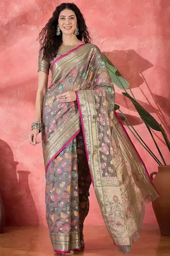 Grey floral woven design zari saree