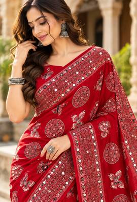 Red color  real mirror birds prints premium satin saree with un-stitched blouse 3