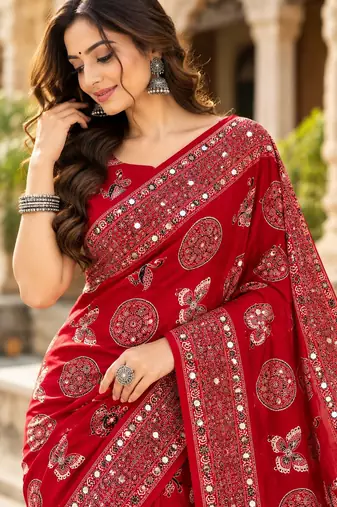 Red color  real mirror birds prints premium satin saree with un-stitched blouse