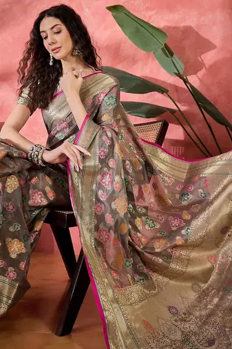 Grey floral woven design zari saree