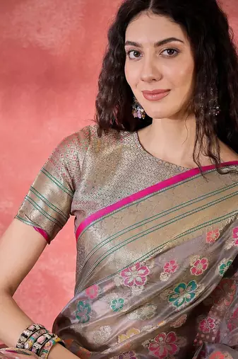 Grey floral woven design zari saree