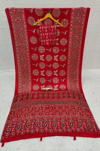 Red color  real mirror birds prints premium satin saree with un-stitched blouse
