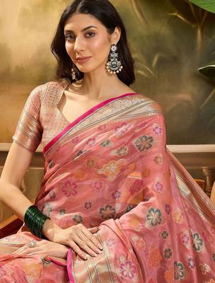 Pink floral woven design organza banarasi saree 1
