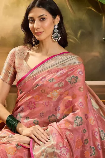 Pink floral woven design organza banarasi saree