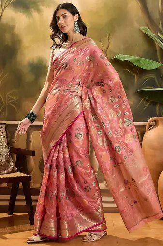Pink floral woven design organza banarasi saree