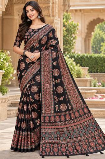 Black color  real mirror birds prints premium satin saree with un-stitched blouse