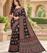 Black color  real mirror birds prints premium satin saree with un-stitched blouse