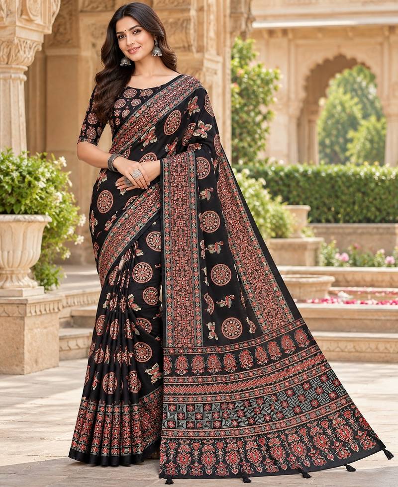 Black color  real mirror birds prints premium satin saree with un-stitched blouse