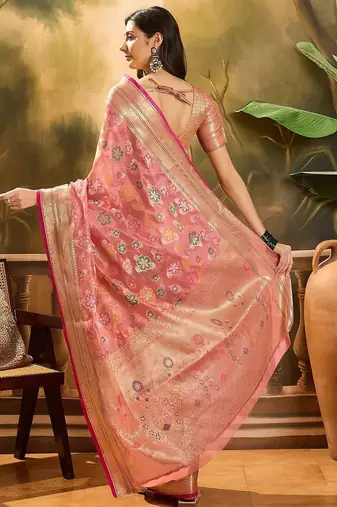 Pink floral woven design organza banarasi saree