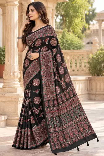 Black color  real mirror birds prints premium satin saree with un-stitched blouse