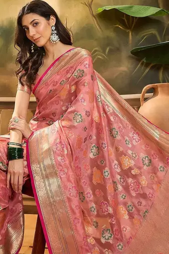 Pink floral woven design organza banarasi saree