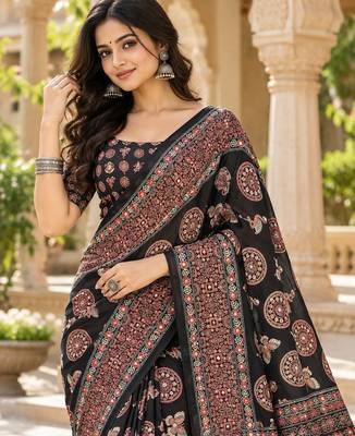Black color  real mirror birds prints premium satin saree with un-stitched blouse 3