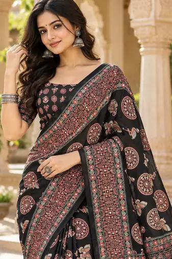 Black color  real mirror birds prints premium satin saree with un-stitched blouse