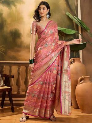 Pink floral woven design organza banarasi saree 5
