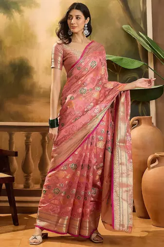 Pink floral woven design organza banarasi saree