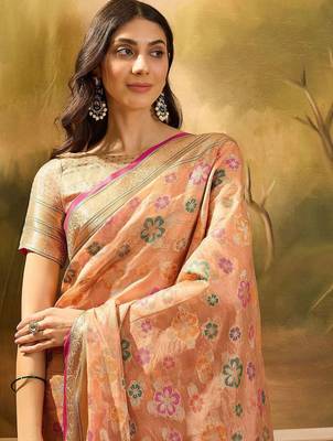 Peach floral woven design banarasi saree 1