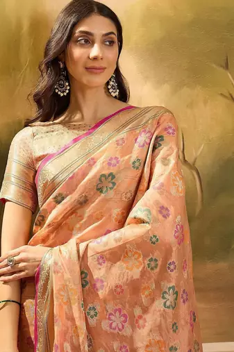 Peach floral woven design banarasi saree