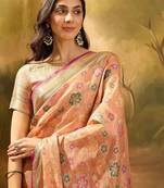Peach floral woven design banarasi saree