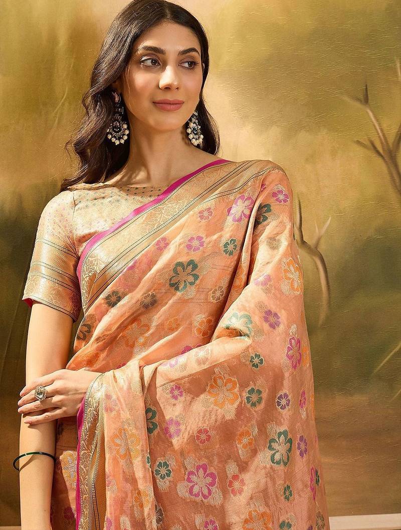 Peach floral woven design banarasi saree