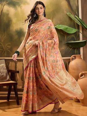 Peach floral woven design banarasi saree 2