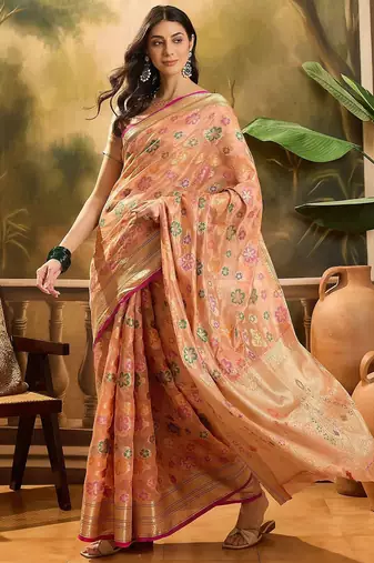 Peach floral woven design banarasi saree