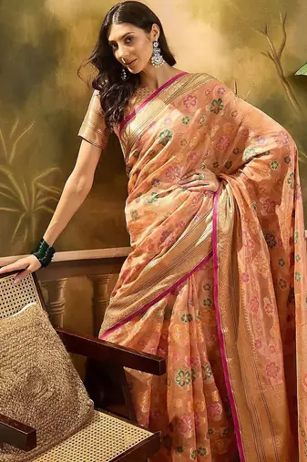 Peach floral woven design banarasi saree